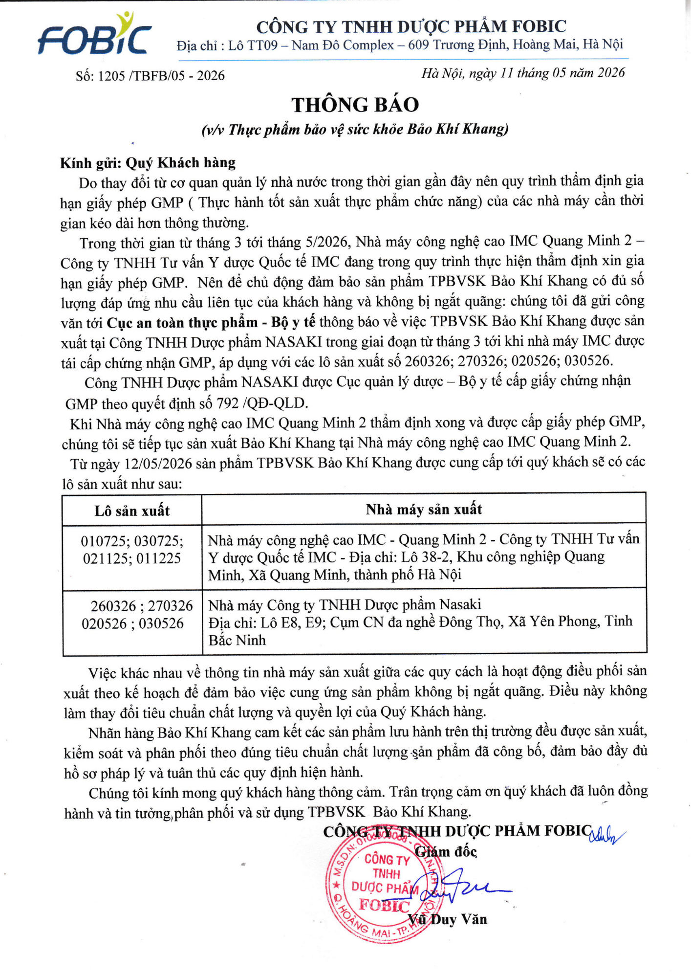 Thông báo v/v TPBVSK Bảo Khí khang